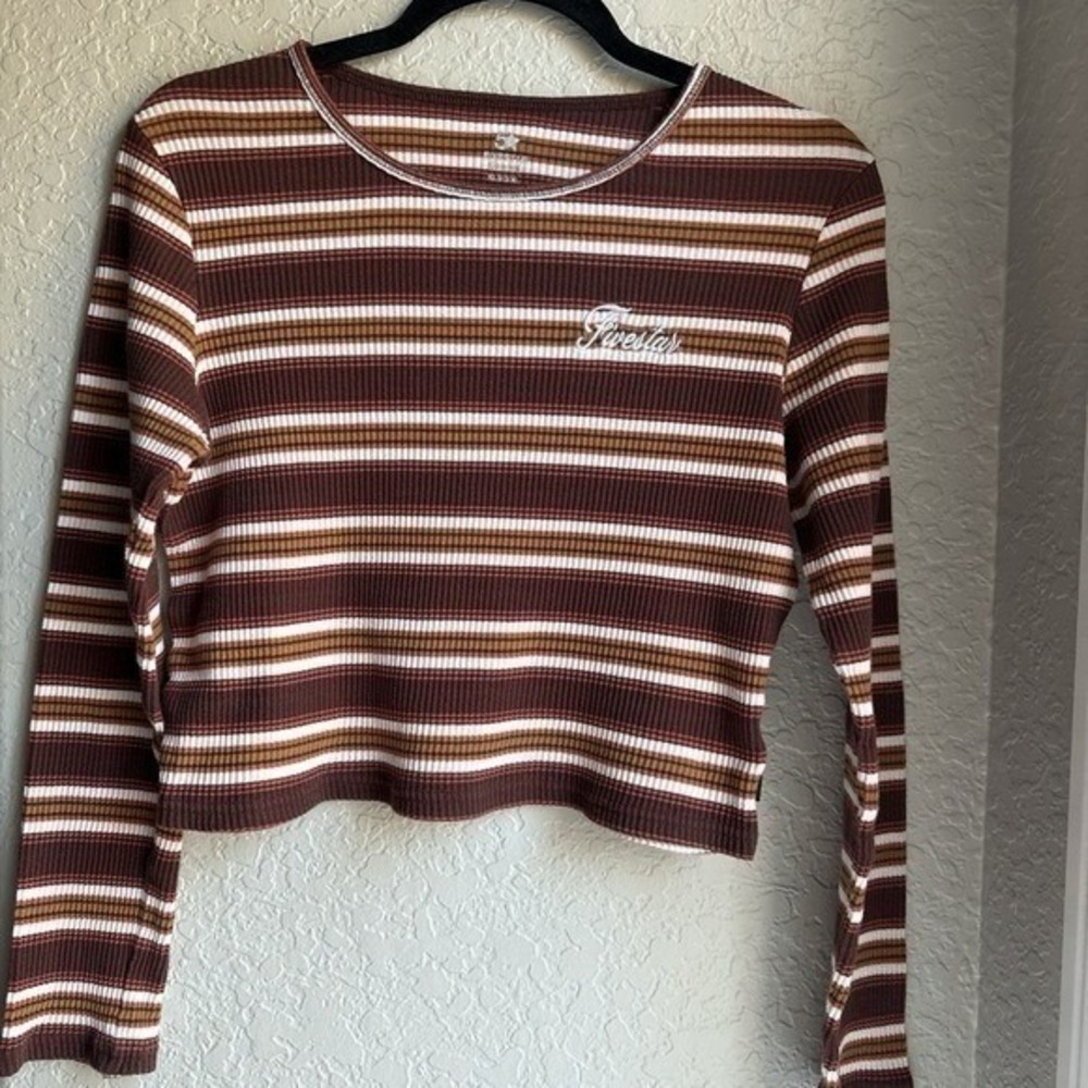 Fivestar Striped Ribbed Cropped Long Sleeve Shirt XL Burgundy Brown Gold White‎